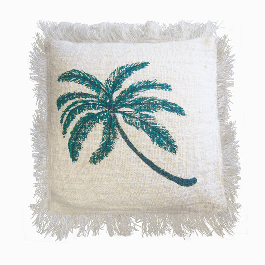 Linen Cushion Cover With Fringe - Palm Tree - 45 x 45 cm