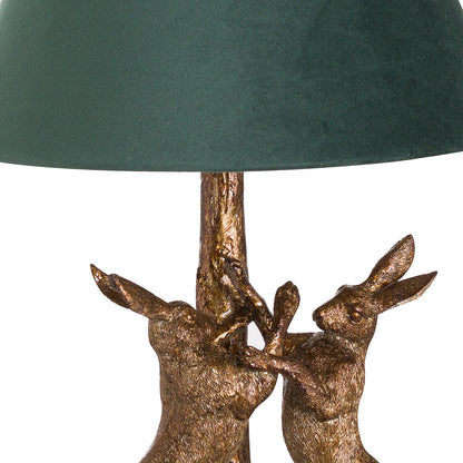 Antique Gold Marching Hares Lamp With Green Velvet Shade