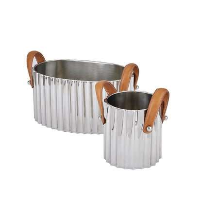 Silver Fluted Leather Handled Champagne Cooler - Large