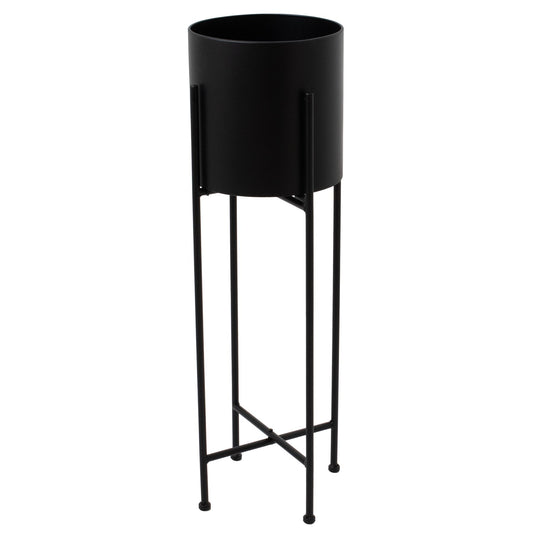 Matt Black Cylindrical Planter On Black Frame - Large